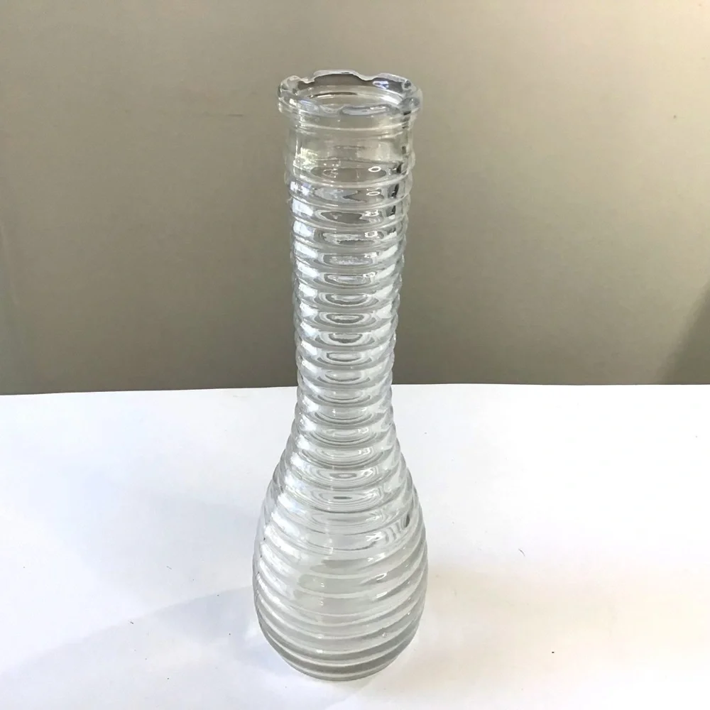 Vintage Randall Beehive Clear Glass Bud Vase 9” Ribbed Ringed Design Notched Rim